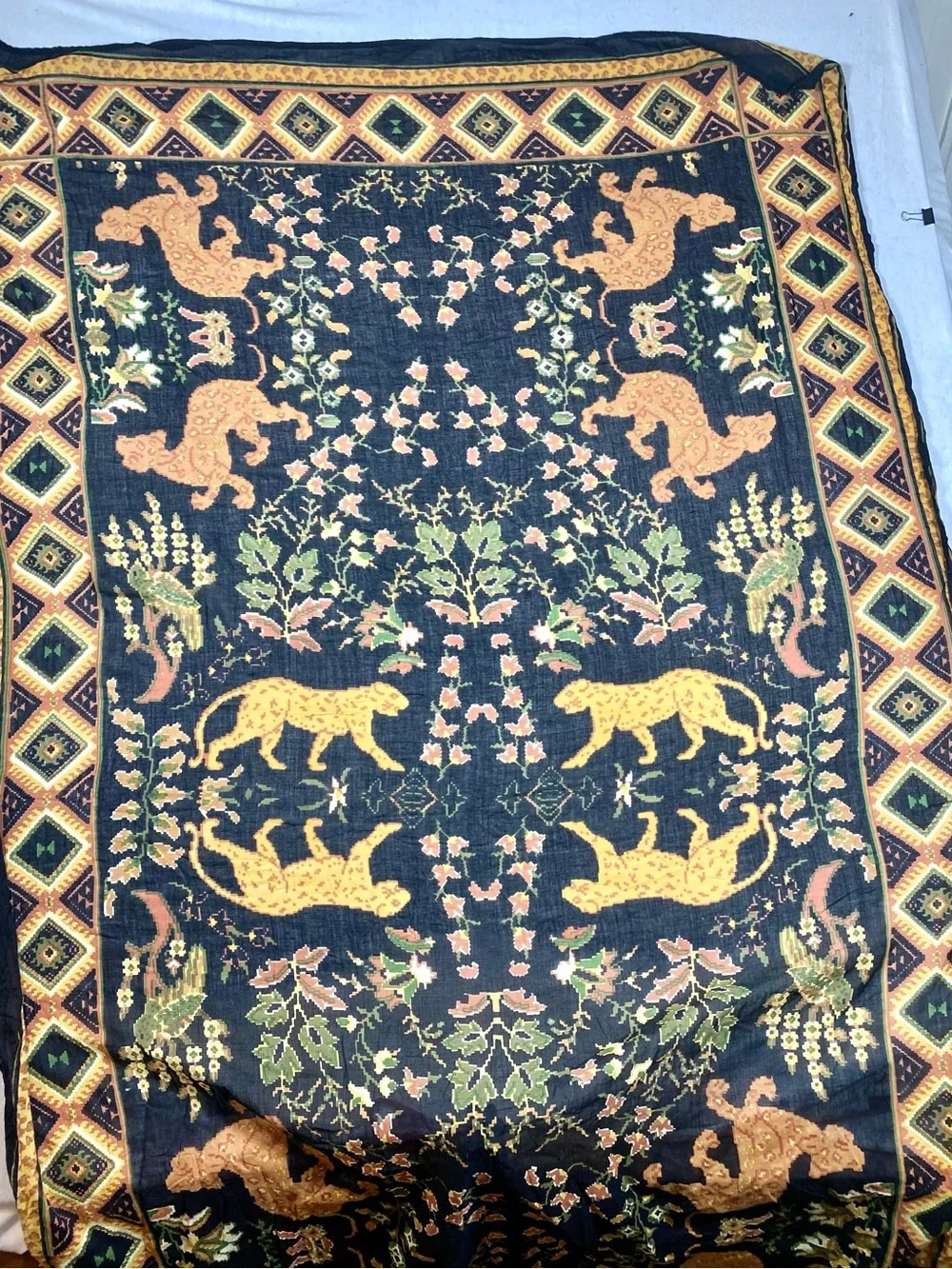 Oversized Lion Floral 100% Cotton Scarf Shawl 41x65 Navy Blue Boho